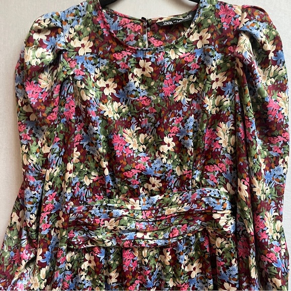 Zara Floral Multicolor Ruched Waist Dress Sz S - Picture 5 of 10
